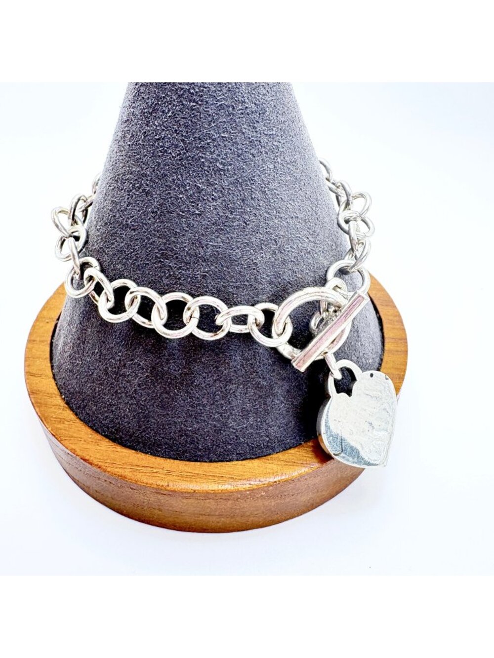 Round Link Chain Bracelet Heart Tag Toggle Clasp 925 Sterling Silver 7.5" Length